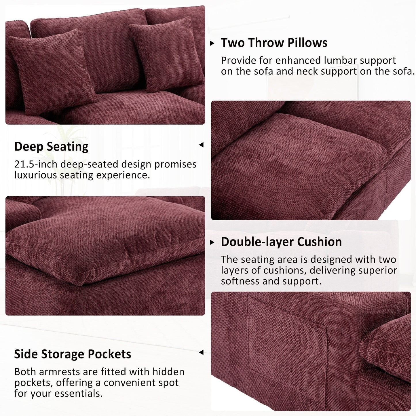 Modular Chenille Cloud Sectional Sofa with Double-Layer Cushions, Side Storage and Matching Pillows for Living Room