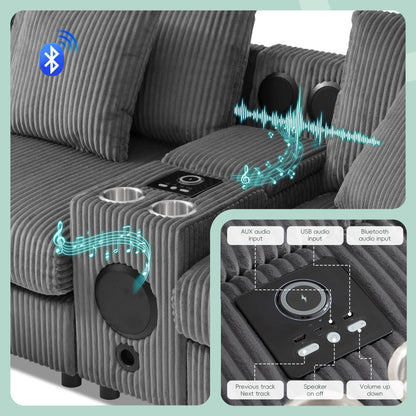 Modular Corduroy Sectional Sofa with Bluetooth Speakers, Charging Ports, Cup Holders, Storage and Ottoman for Living Room