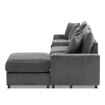 Modular Corduroy Sectional Sofa with Bluetooth Speakers, Charging Ports, Cup Holders, Storage and Ottoman for Living Room