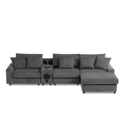 Modular Corduroy Sectional Sofa with Bluetooth Speakers, Charging Ports, Cup Holders, Storage and Ottoman for Living Room