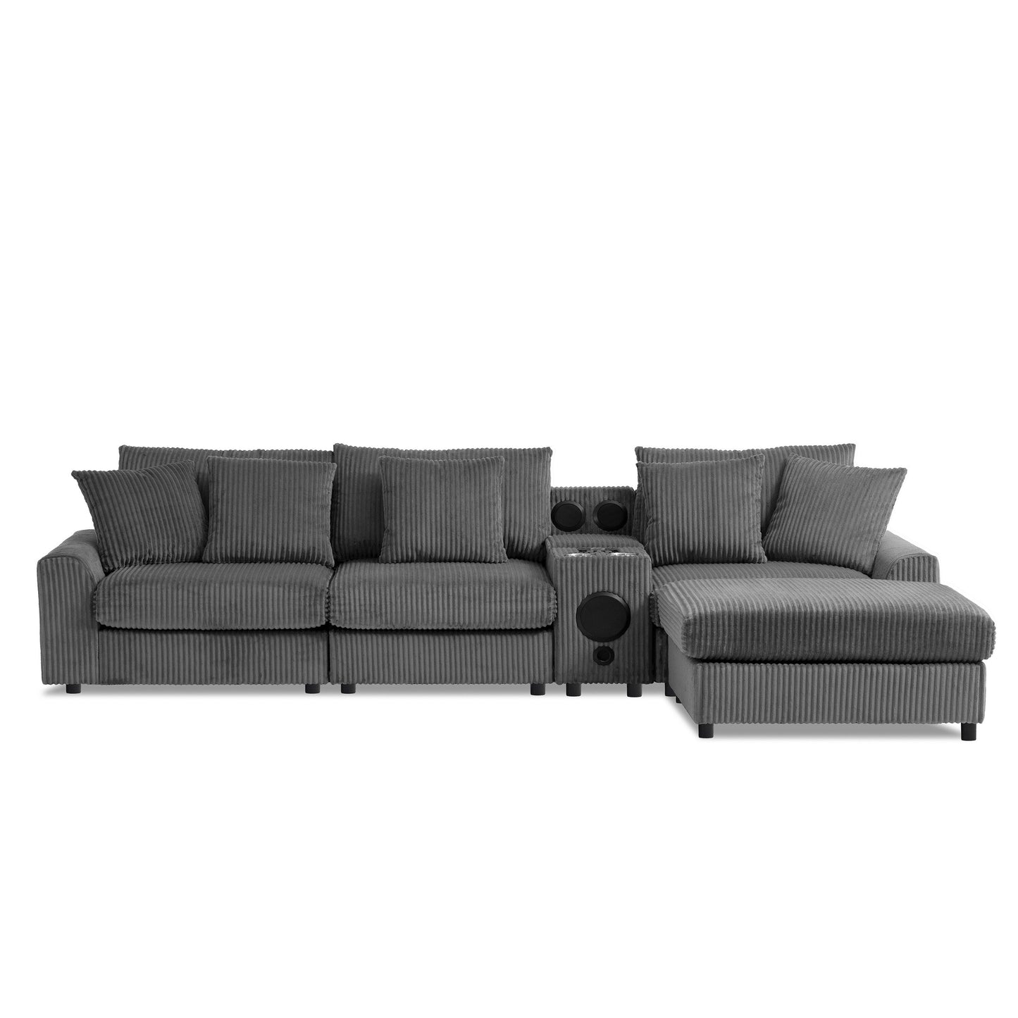 Modular Corduroy Sectional Sofa with Bluetooth Speakers, Charging Ports, Cup Holders, Storage and Ottoman for Living Room