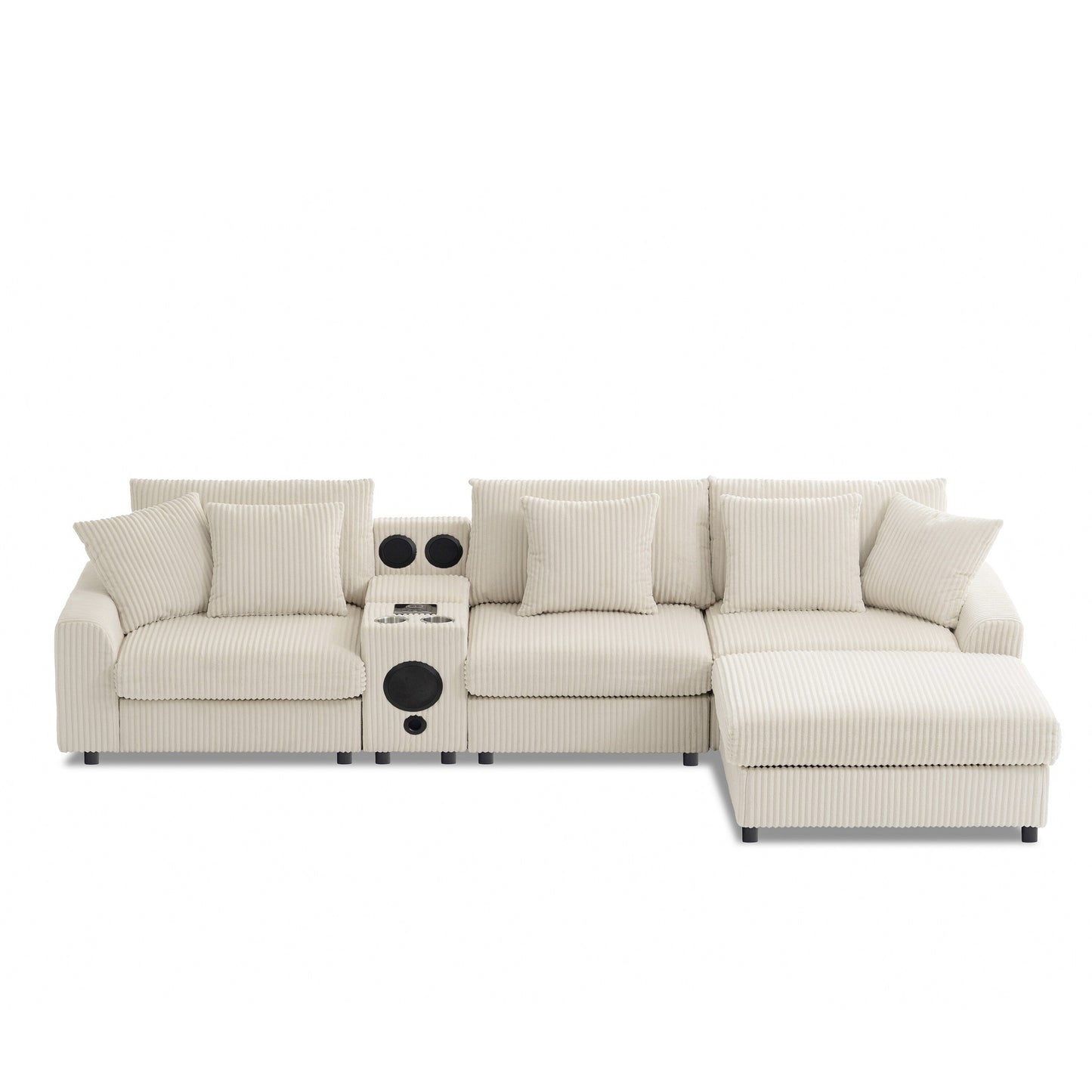 Modular Corduroy Sectional Sofa with Bluetooth Speakers, Charging Ports, Cup Holders, Storage and Ottoman for Living Room