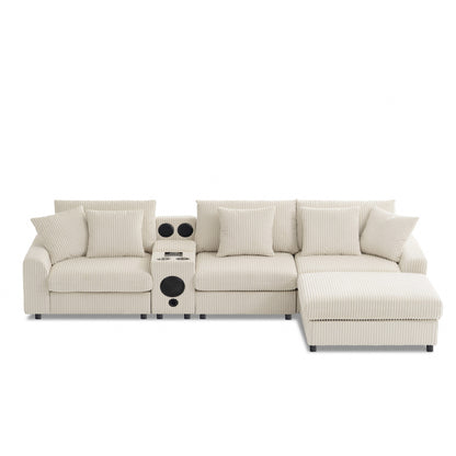 Modular Corduroy Sectional Sofa with Bluetooth Speakers, Charging Ports, Cup Holders, Storage and Ottoman for Living Room