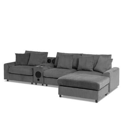 Modular Corduroy Sectional Sofa with Bluetooth Speakers, Charging Ports, Cup Holders, Storage and Ottoman for Living Room