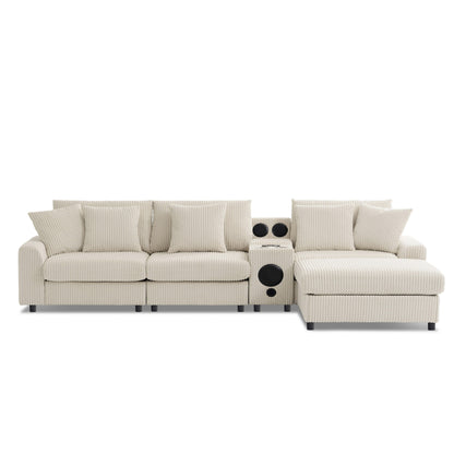 Modular Corduroy Sectional Sofa with Bluetooth Speakers, Charging Ports, Cup Holders, Storage and Ottoman for Living Room