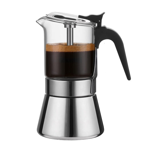 Moka Induction Stovetop Espresso Maker With Pressure valve,Crystal Glass-top & Stainless Steel Esprosso Moka Pot,240ml