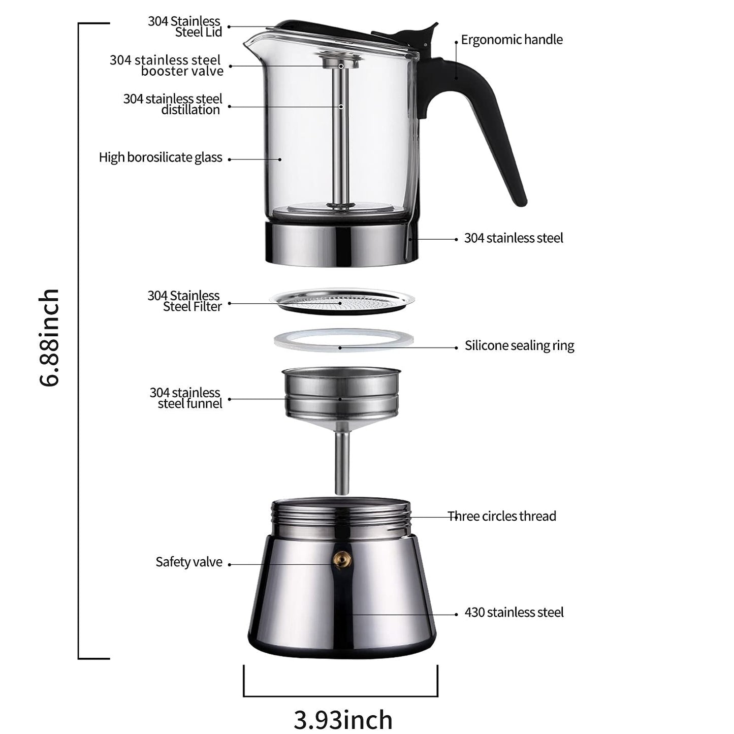Moka Induction Stovetop Espresso Maker With Pressure valve,Crystal Glass-top & Stainless Steel Esprosso Moka Pot,240ml