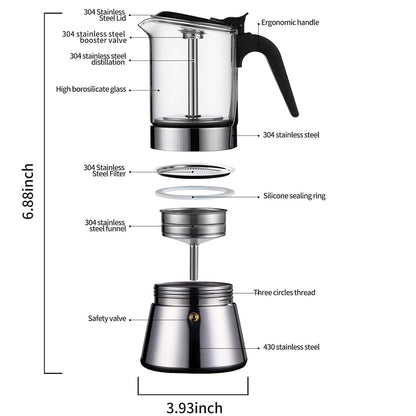 Moka Induction Stovetop Espresso Maker With Pressure valve,Crystal Glass-top & Stainless Steel Esprosso Moka Pot,240ml
