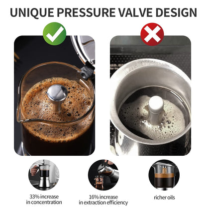 Moka Induction Stovetop Espresso Maker With Pressure valve,Crystal Glass-top & Stainless Steel Esprosso Moka Pot,240ml