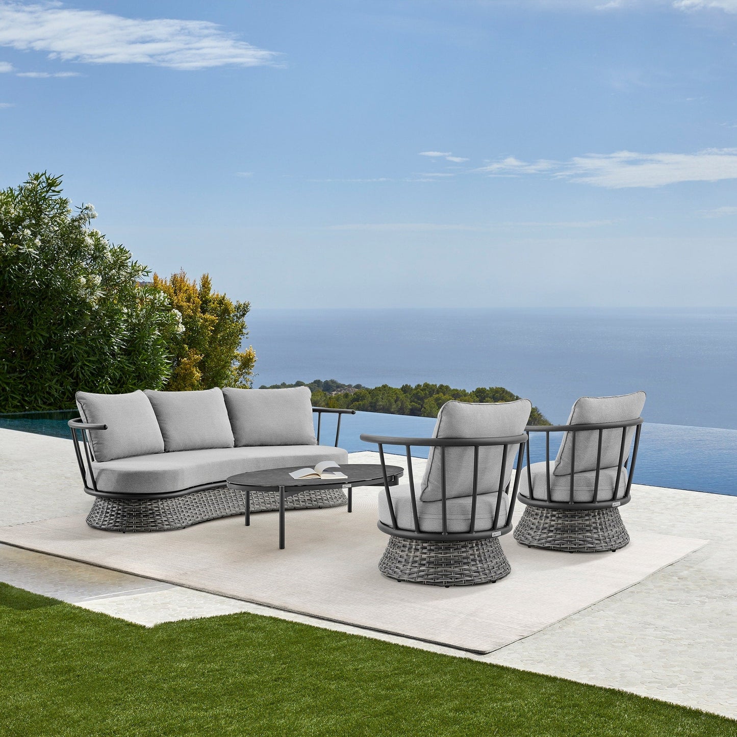 Monk Modern Gray Wicker and Aluminum Outdoor 4 Piece Conversation Set with Swivel Chairs