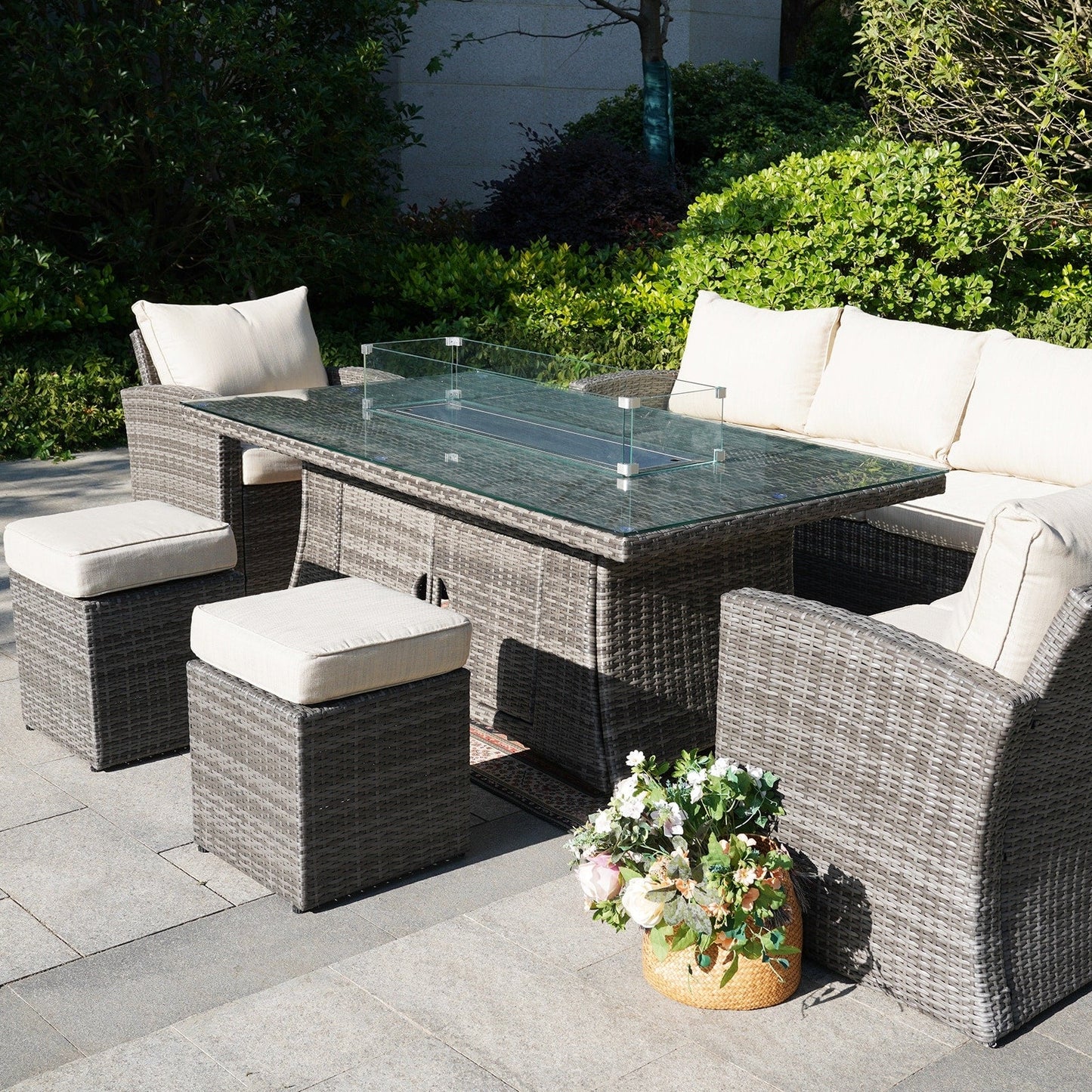 Morden Wicker/ Steel 7-piece Outdoor Conversation Firepit Dining Sets