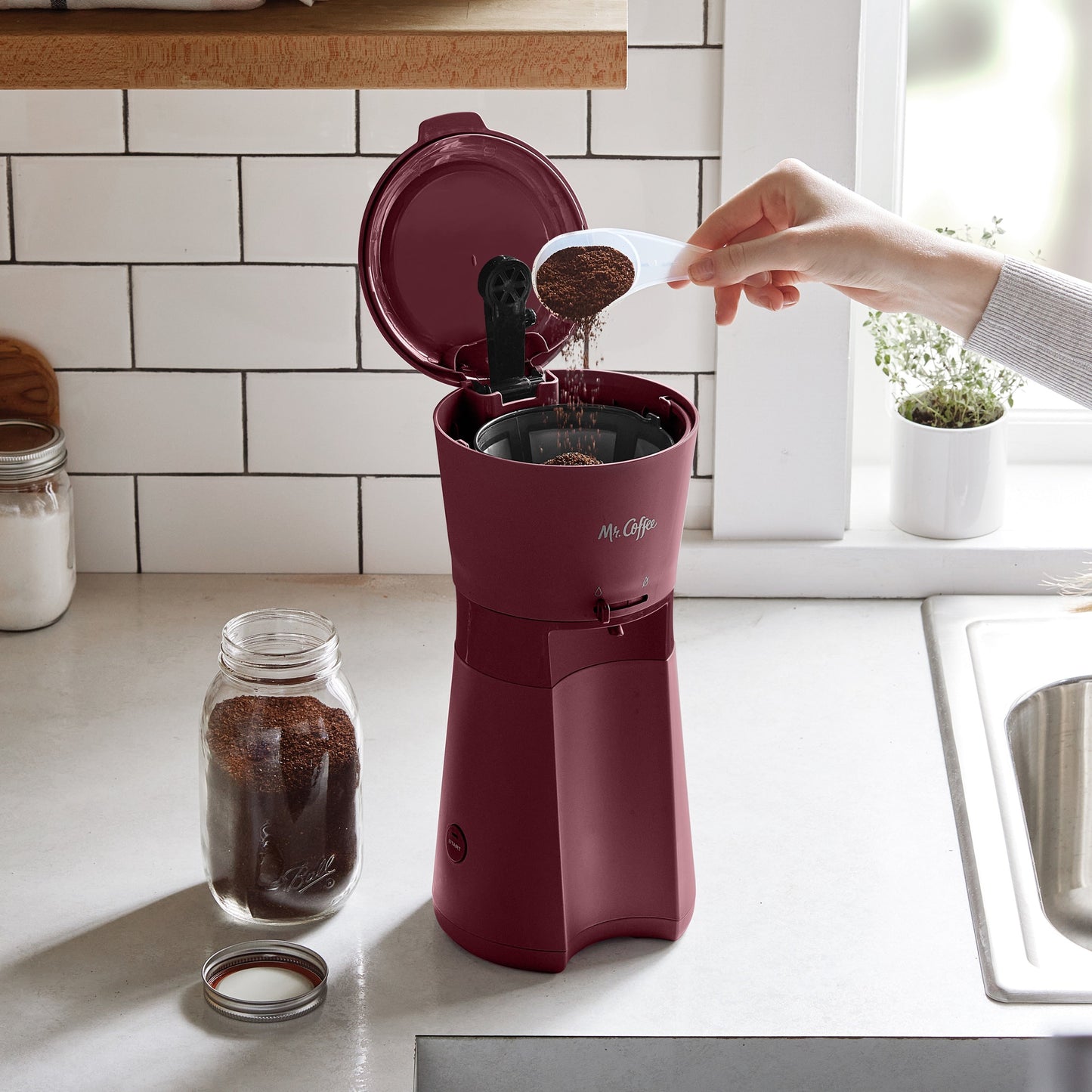 Mr. Coffee® Iced™ Coffee Maker with Reusable Tumbler and and Coffee Filter, Burgundy, Frustration Free Packaging
