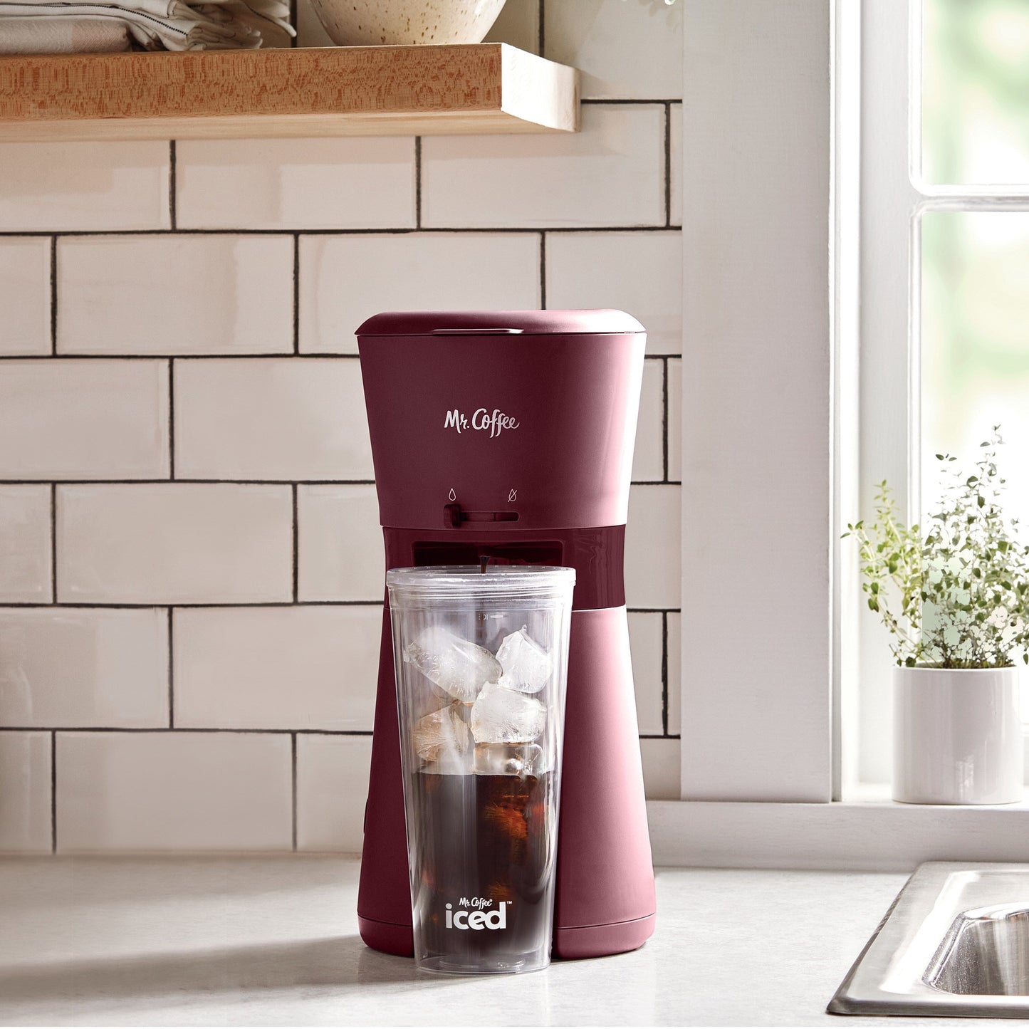 Mr. Coffee® Iced™ Coffee Maker with Reusable Tumbler and and Coffee Filter, Burgundy, Frustration Free Packaging
