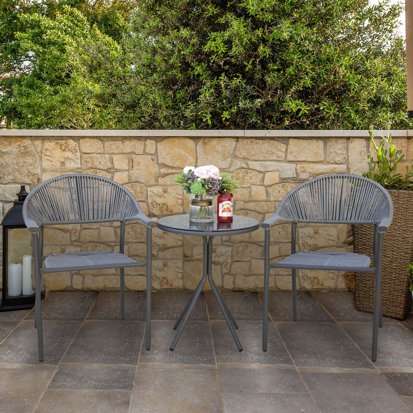 NUU GARDEN 3-piece Patio Rope Wicker Bistro Set