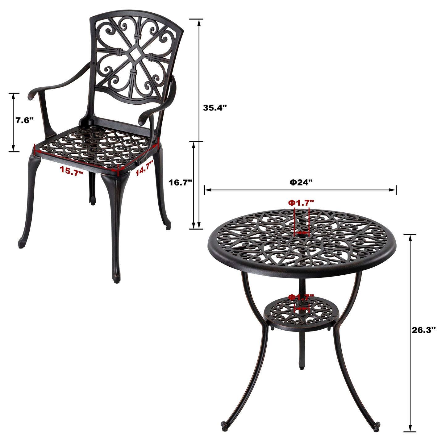 Outdoor 3-Piece Cast Aluminum Patio Set with 1.77 Umbrella Hole