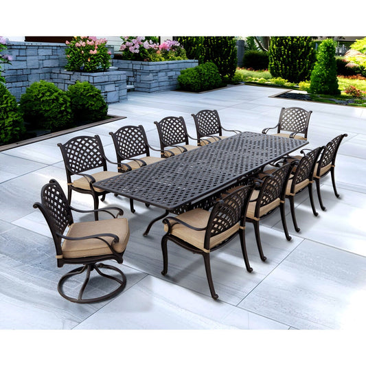 Nassau 11-Piece Patio Dining Set (with 2 Swivel Rockers) and 42 x 92 / 42 x 120'' Rectangular Extension Dining Table