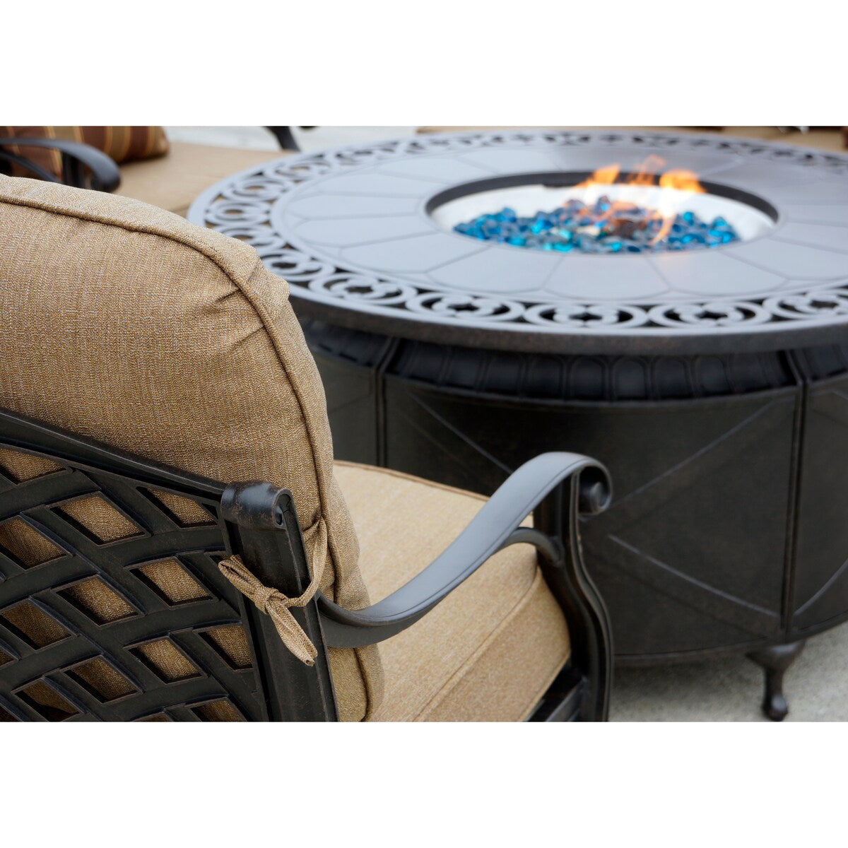 Nassau 4-Piece Patio Propane Fire Pit Loveseat Conversation Set with Cushions and 47'' Round Fire Pit Chat Table and Fireglass