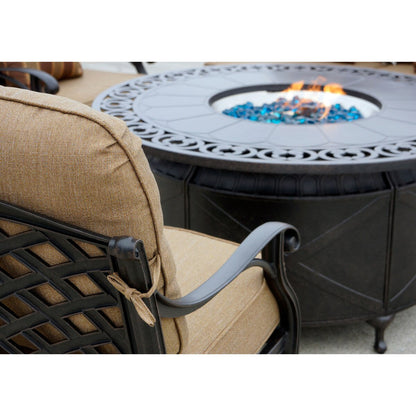 Nassau 4-Piece Patio Propane Fire Pit Loveseat Conversation Set with Cushions and 47'' Round Fire Pit Chat Table and Fireglass