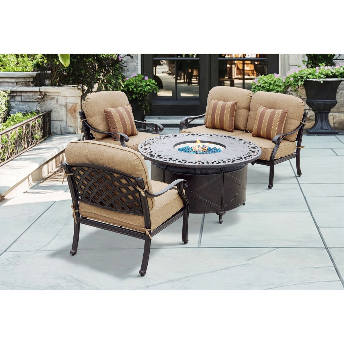 Nassau 4-Piece Patio Propane Fire Pit Loveseat Conversation Set with Cushions and 47'' Round Fire Pit Chat Table and Fireglass