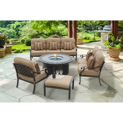 Nassau 5-Piece Patio Propane Fire Pit Deep Seating Set with Cushions and 47'' Round Fire Pit Chat Table and Fireglass