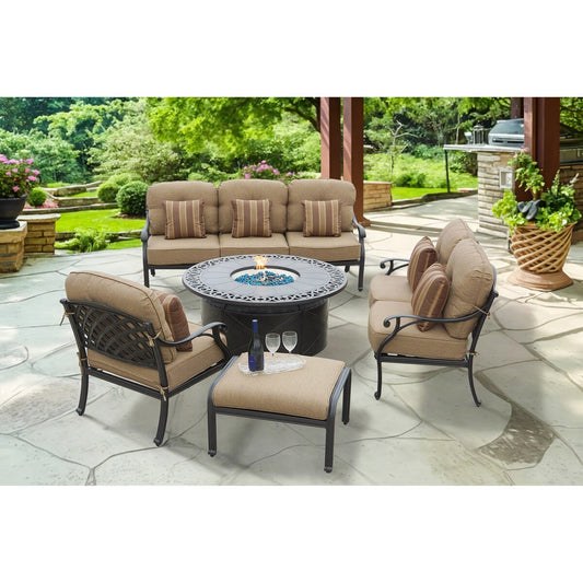 Nassau 5-Piece Patio Propane Fire Pit Deep Seating Set with Cushions and 47'' Round Fire Pit Chat Table and Fireglass