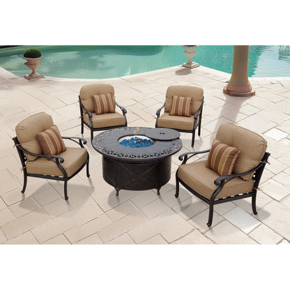 Nassau 5-Piece Patio Propane Fire Pit Deep Seating Set with Cushions and 47'' Round Fire Pit Chat Table and Fireglass