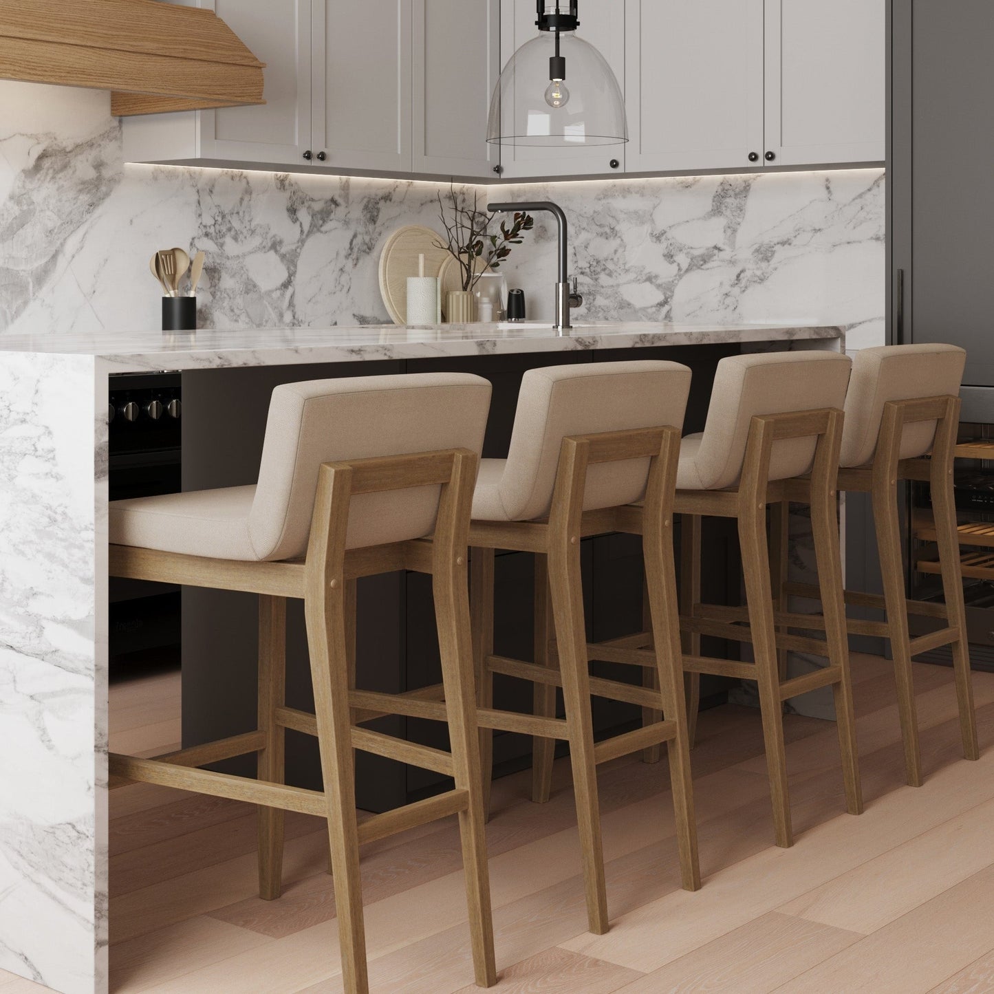 Gracie Modern Bar Stool, Boucle Upholstered Chair and Brushed Wooden Legs