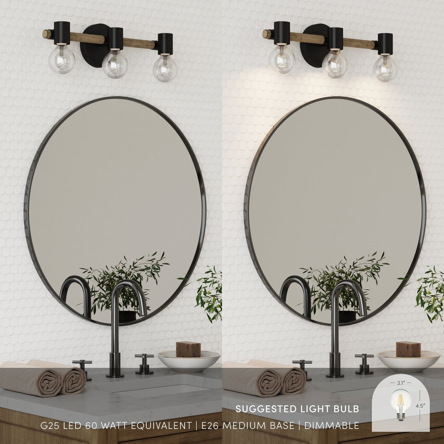 Nathan James Henry 3-Lights Farmhouse Bathroom Vanity Light in Brushed Wood and Black Metal for Bathroom and Vanity