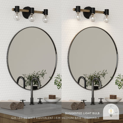 Nathan James Henry 3-Lights Farmhouse Bathroom Vanity Light in Brushed Wood and Black Metal for Bathroom and Vanity