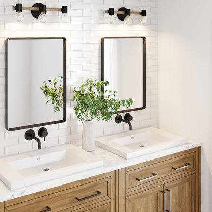 Nathan James Henry 3-Lights Farmhouse Bathroom Vanity Light in Brushed Wood and Black Metal for Bathroom and Vanity