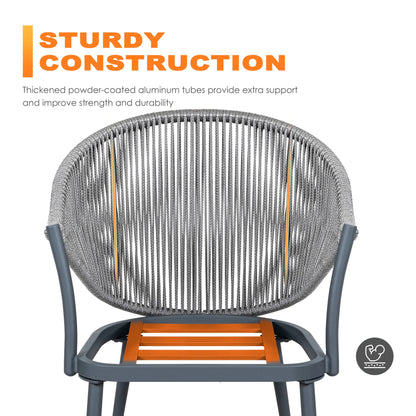 Nuu Garden 3-Piece Aluminum Outdoor Bistro Set, 1 Coffee Table and 2 Woven Rope Chairs with Seat Cushions