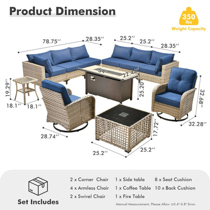 OVIOS 11 Pieces Outdoor Wicker Swivel Chair Set With Fire Table