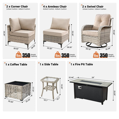 OVIOS 11 Pieces Outdoor Wicker Swivel Chair Set With Fire Table
