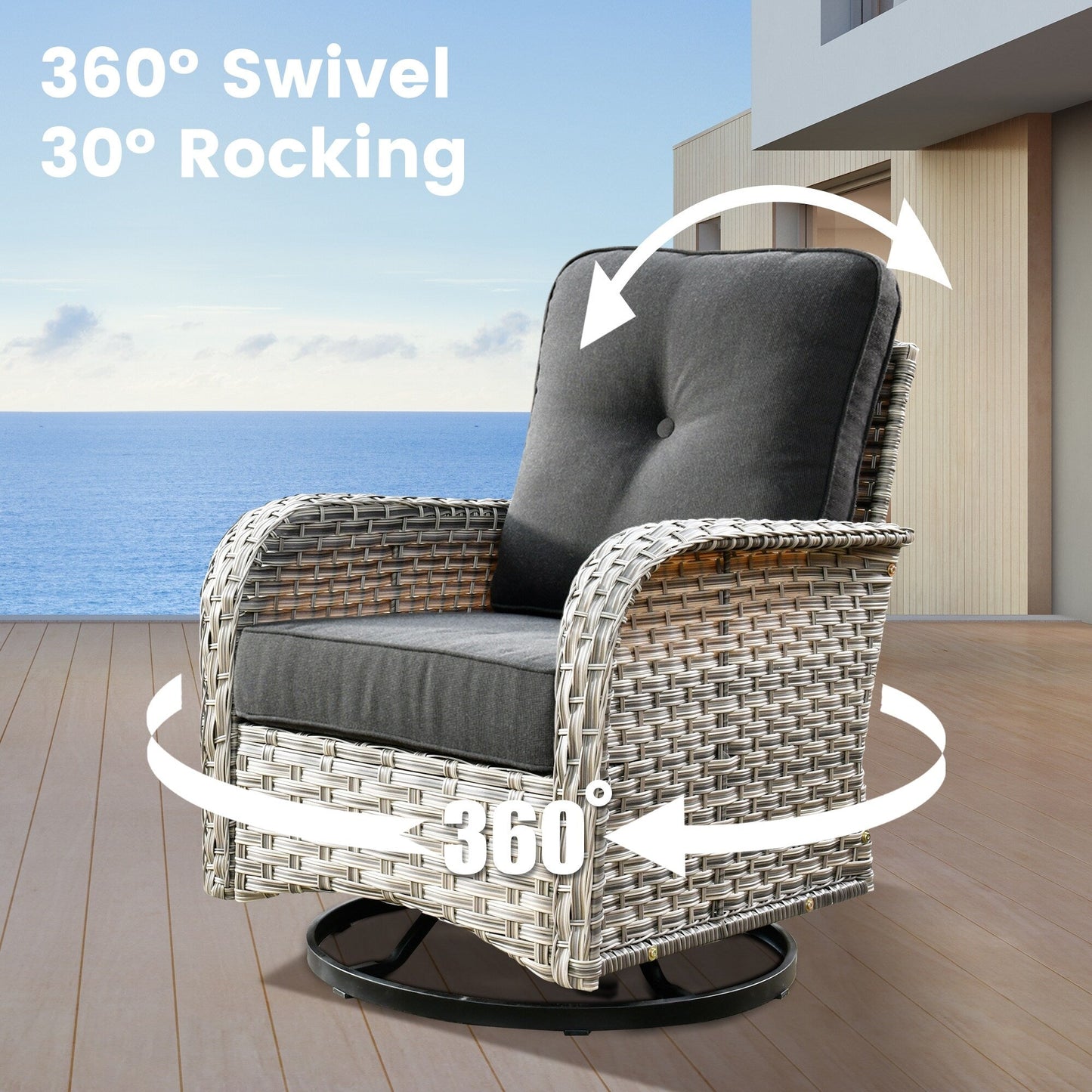 OVIOS 11 Pieces Outdoor Wicker Swivel Chair Set With Fire Table
