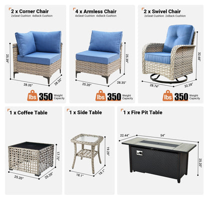 OVIOS 11 Pieces Outdoor Wicker Swivel Chair Set With Fire Table