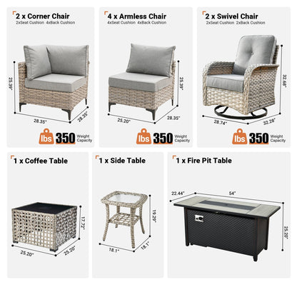 OVIOS 11 Pieces Outdoor Wicker Swivel Chair Set With Fire Table
