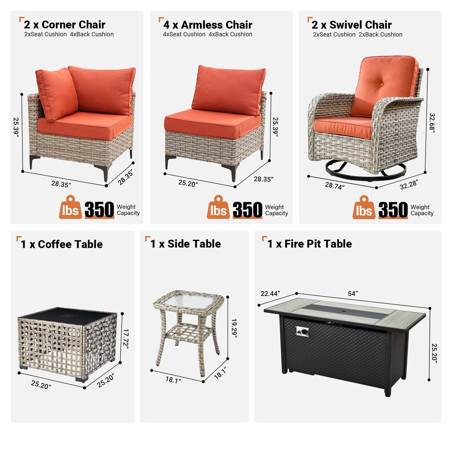 OVIOS 11 Pieces Outdoor Wicker Swivel Chair Set With Fire Table