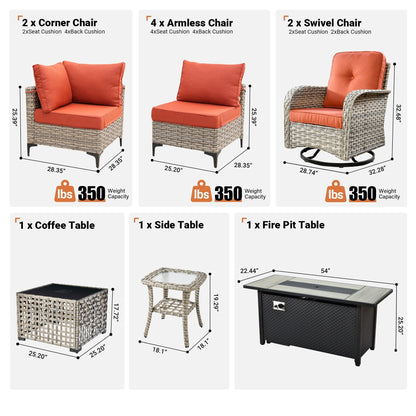 OVIOS 11 Pieces Outdoor Wicker Swivel Chair Set With Fire Table