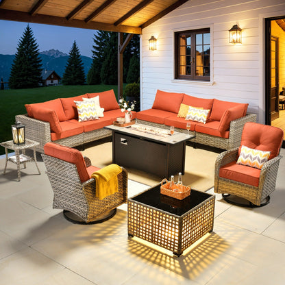 OVIOS 11 Pieces Outdoor Wicker Swivel Chair Set With Fire Table