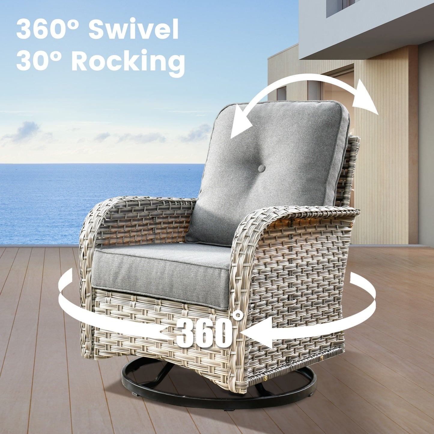 OVIOS 11 Pieces Outdoor Wicker Swivel Chair Set With Fire Table