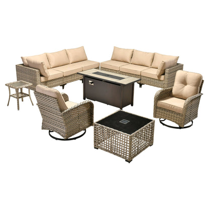 OVIOS 11 Pieces Outdoor Wicker Swivel Chair Set With Fire Table