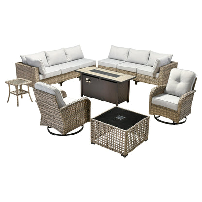 OVIOS 11 Pieces Outdoor Wicker Swivel Chair Set With Fire Table