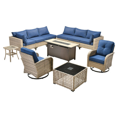 OVIOS 11 Pieces Outdoor Wicker Swivel Chair Set With Fire Table