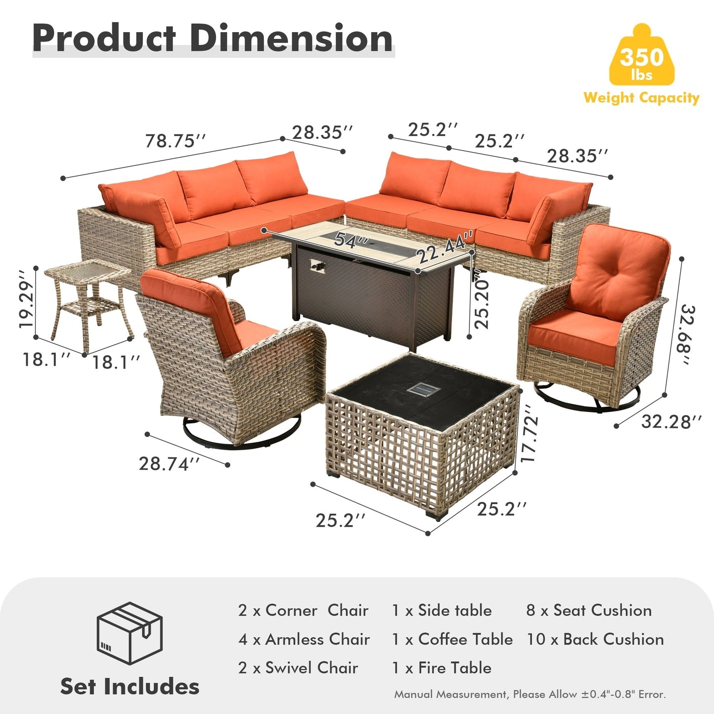 OVIOS 11 Pieces Outdoor Wicker Swivel Chair Set With Fire Table