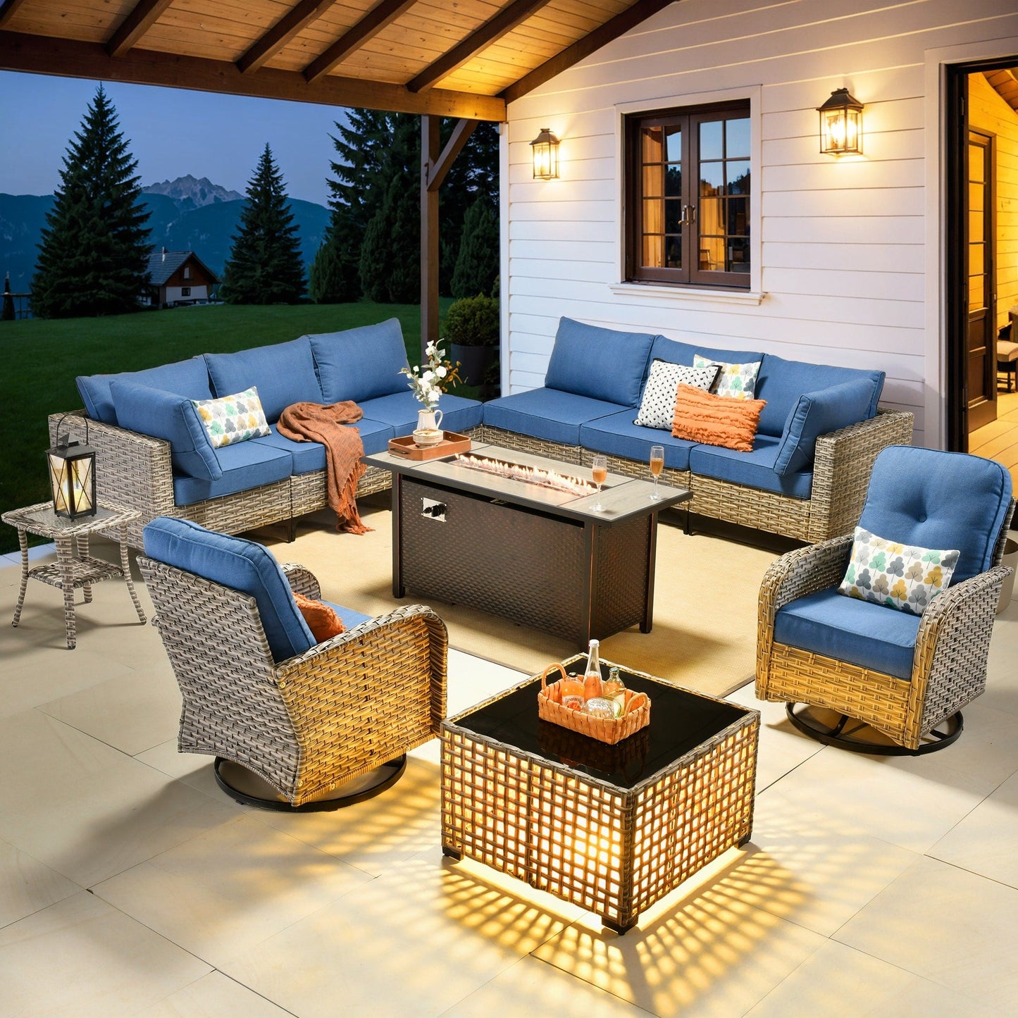 OVIOS 11 Pieces Outdoor Wicker Swivel Chair Set With Fire Table