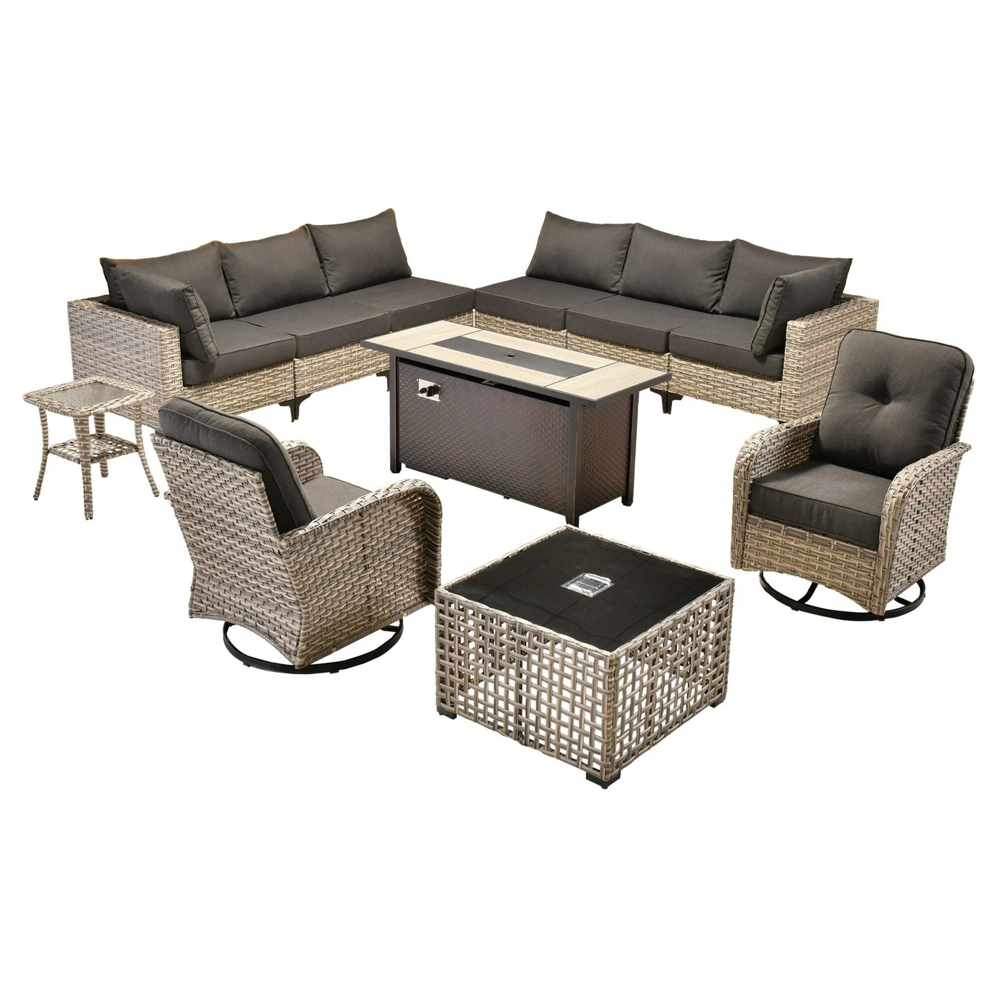 OVIOS 11 Pieces Outdoor Wicker Swivel Chair Set With Fire Table