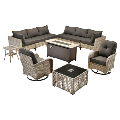 OVIOS 11 Pieces Outdoor Wicker Swivel Chair Set With Fire Table