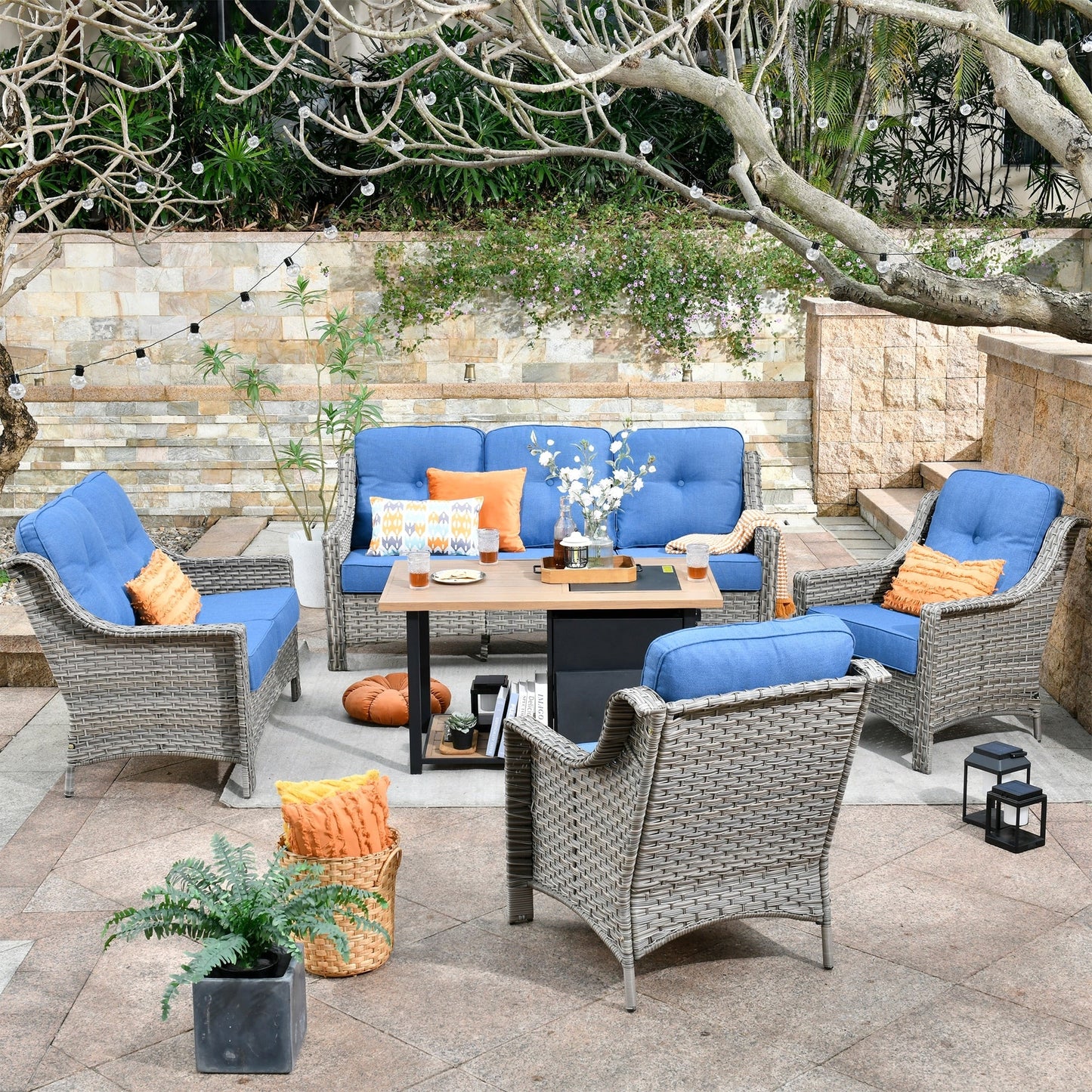 OVIOS 5-piece Patio Wicker Conversation Set With Fire Table