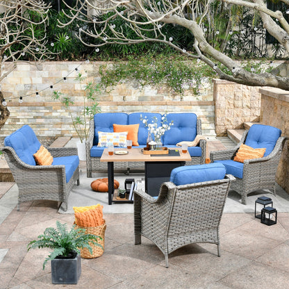OVIOS 5-piece Patio Wicker Conversation Set With Fire Table