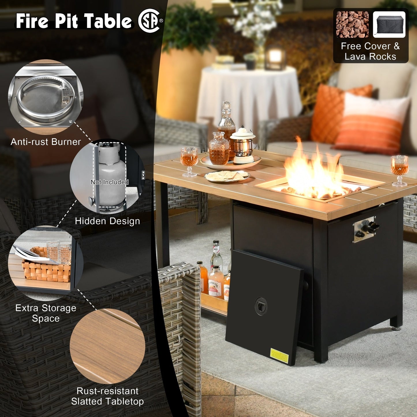 OVIOS 5-piece Patio Wicker Conversation Set With Fire Table